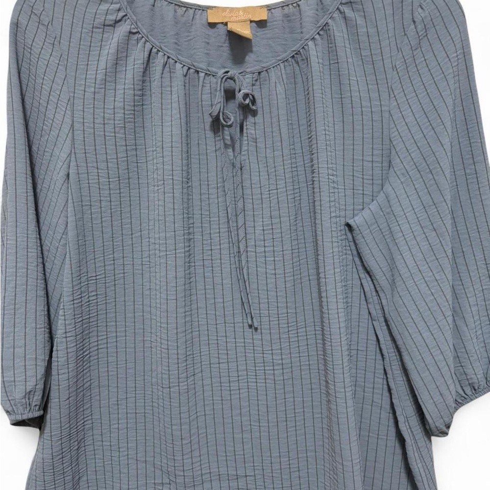 Slate Blue Peasant Tunic with Tie Neck